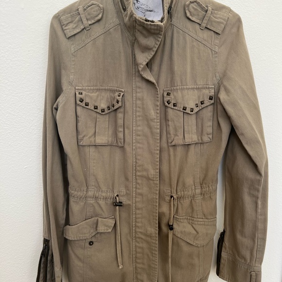 Military style utility jacket olive green S studs zippers snap pockets - Picture 1 of 11